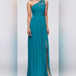 David's Bridal, one shoulder, lace, size 16 in Oasis Blue, floor length